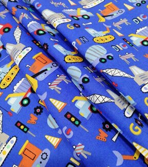 Construction Truck On Blue Novelty Cotton Fabric