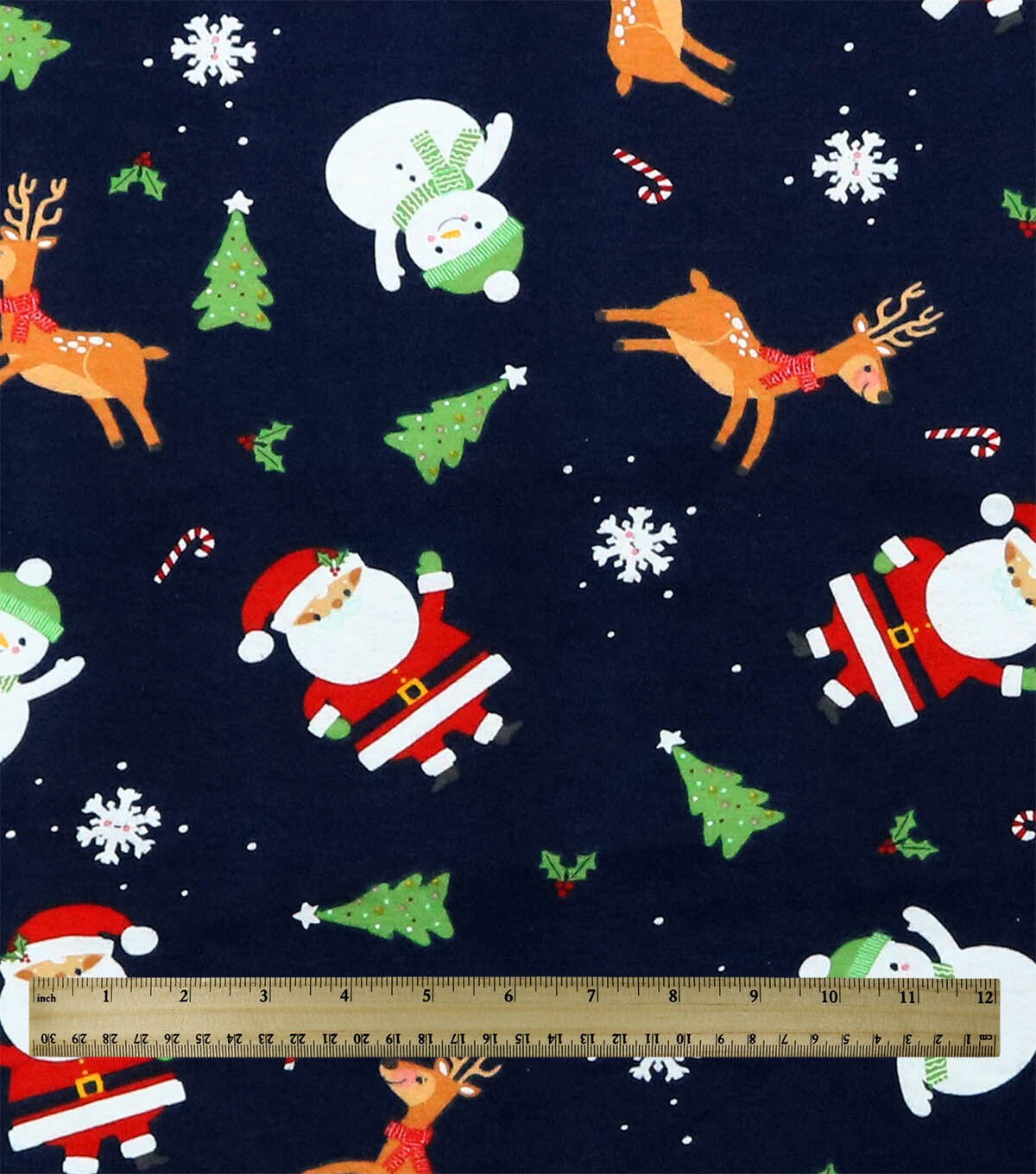 Snowmen & Santa on Navy Super Snuggle Christmas Flannel Fabric by POP!