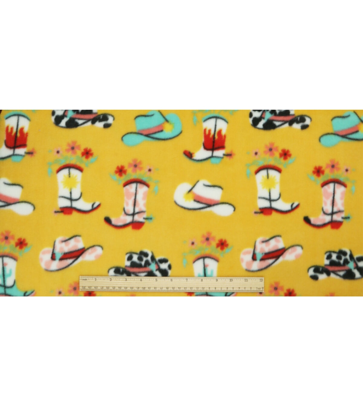 Floral Cowboy Boots on Yellow Anti Pill Fleece Fabric