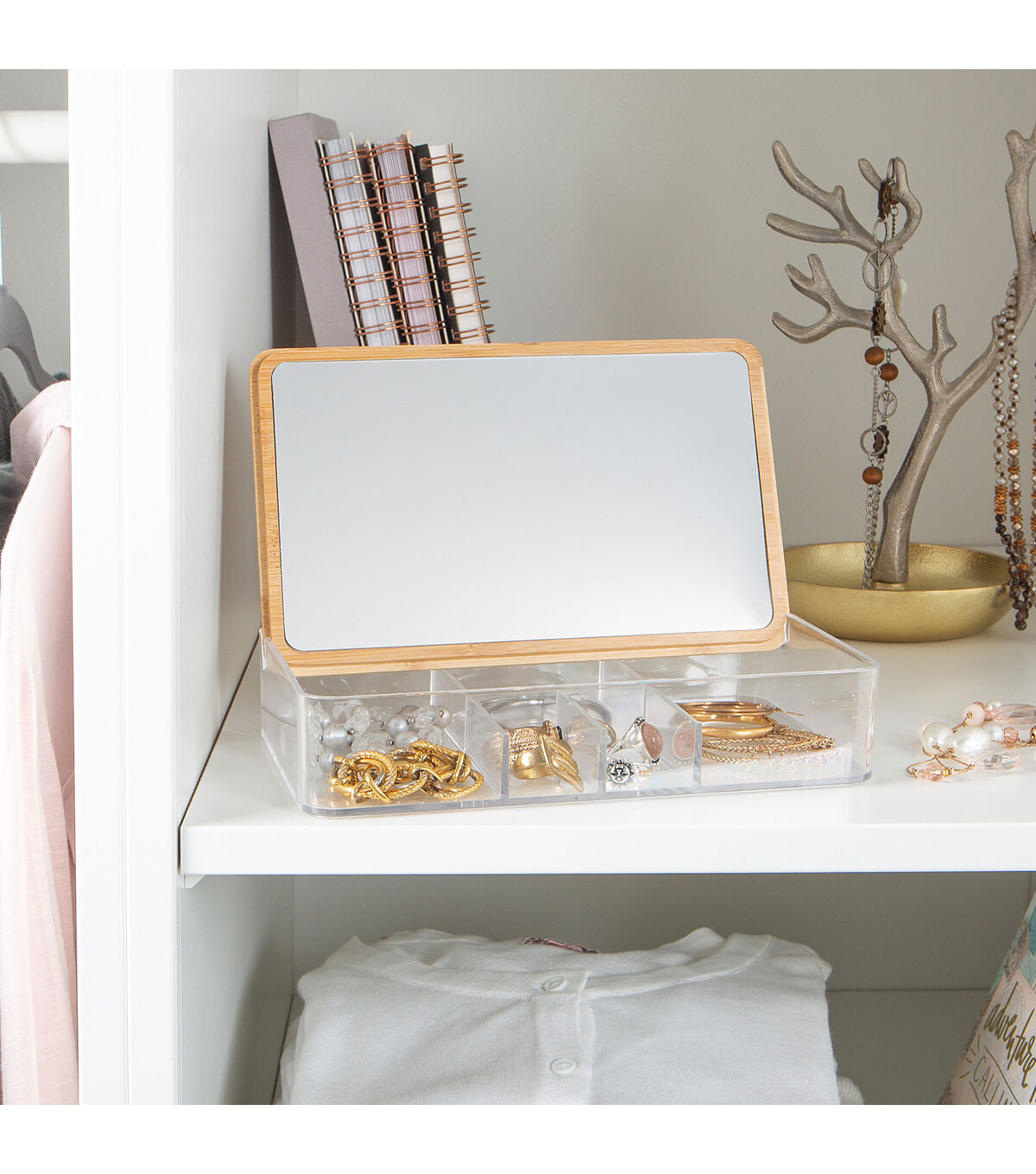 Simplify 9 Clear 5 Compartment Organizer With Bamboo Lid & Mirror