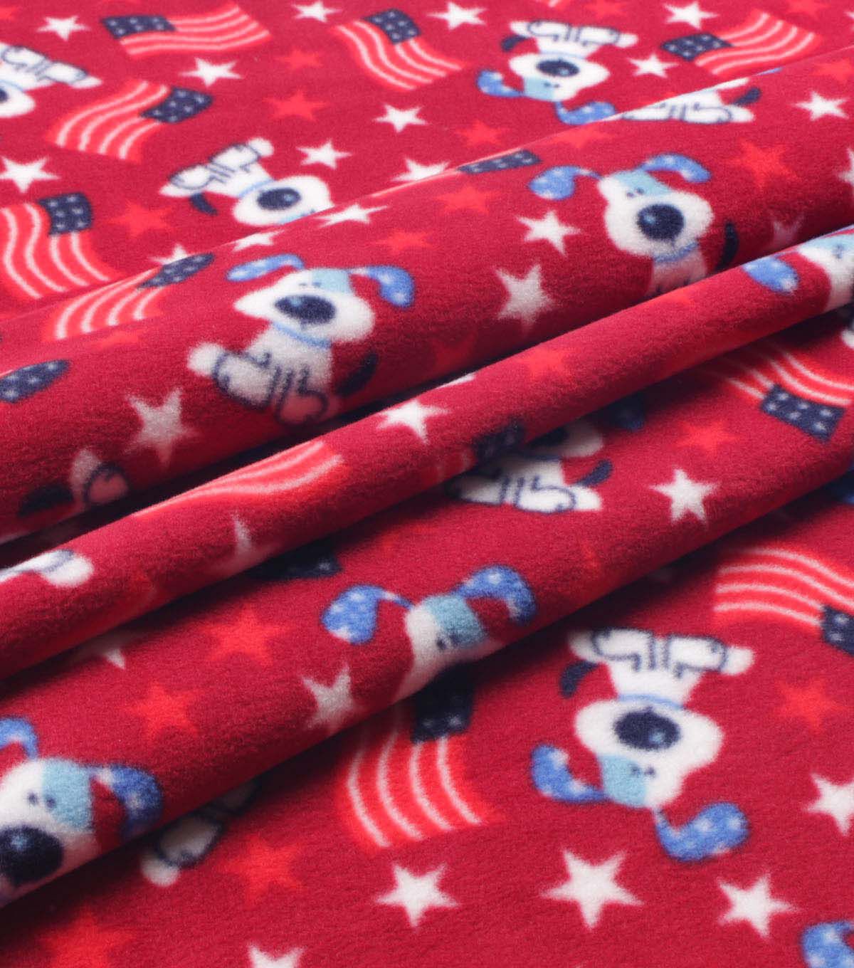 Patriotic Dog on Red Anti Pill Plush Fleece Fabric