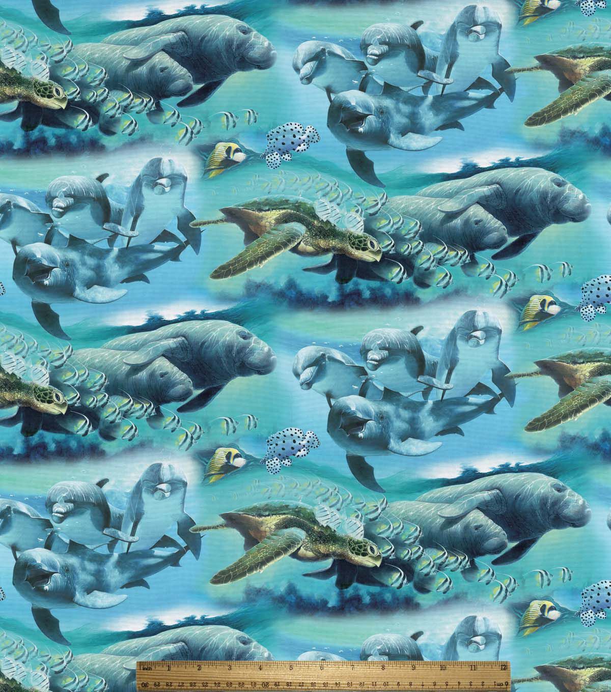 David Textiles Dolphins & Manatees on Blue Novelty Cotton Fabric