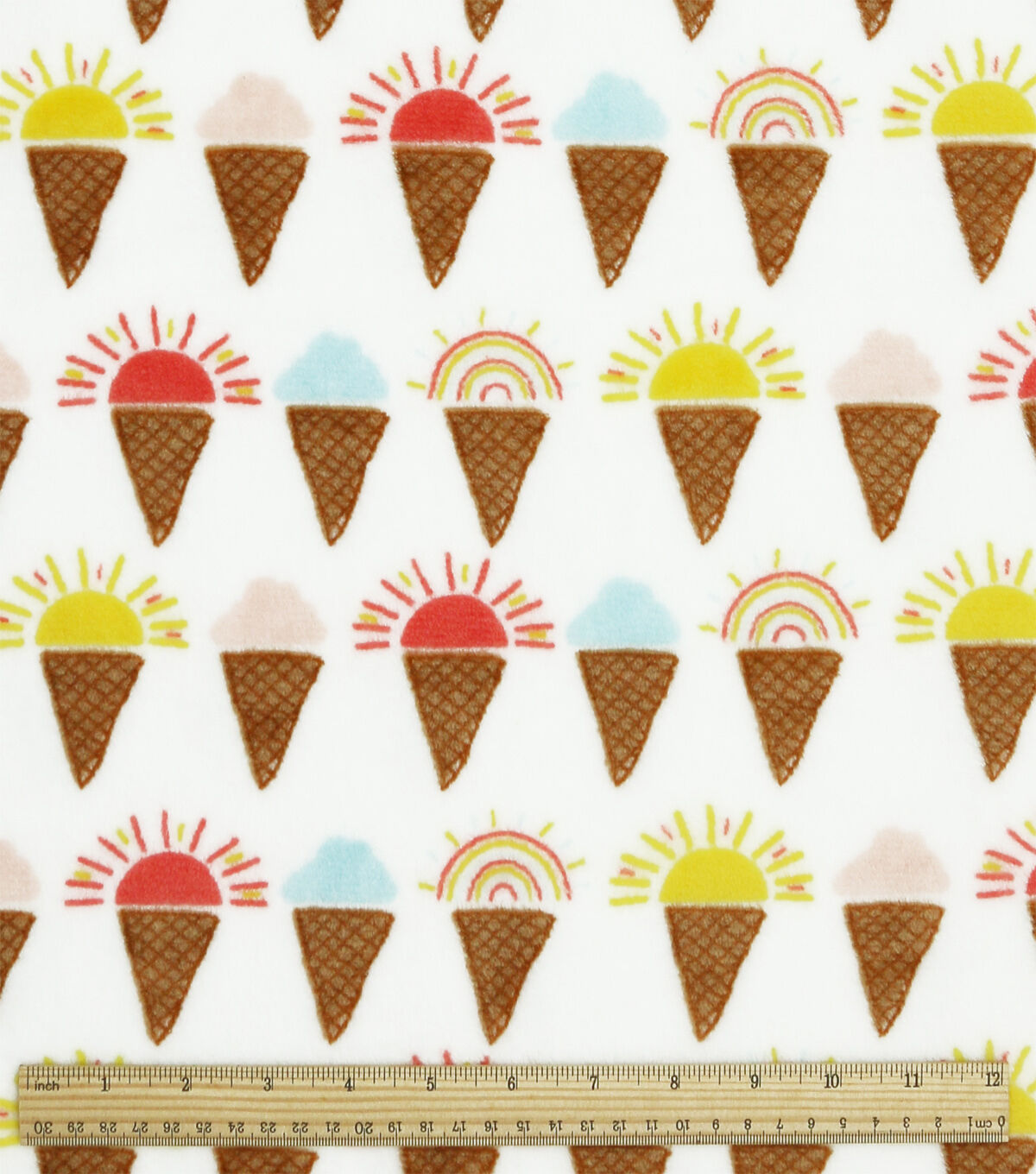 Summer Sunshine & Rainbow Cones On White Sew Lush Fleece Fabric