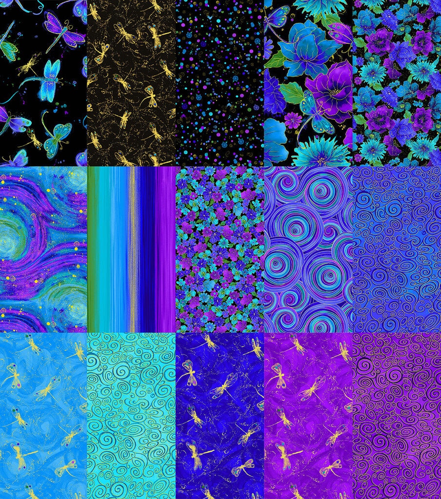 10 x 10 Hi Fashion Batik Dragonfly Metallic Cotton Fabric Squares 42pc