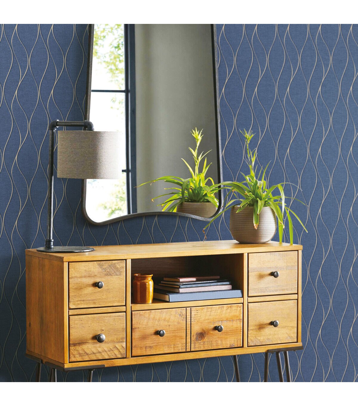 RoomMates Wallpaper Navy Wave Ogee